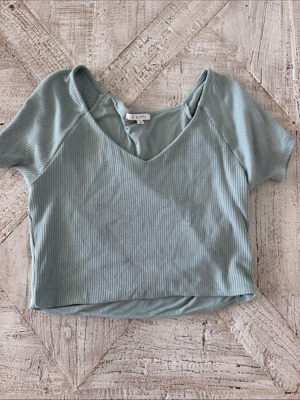 Z Supply Ribbed V-Neck Crop Top in Dusty Blue
